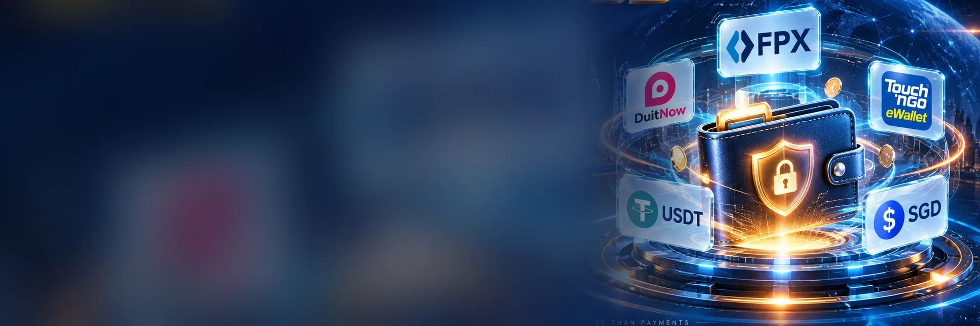G9 payment banner: wallet with FPX, DuitNow, Touch 'n Go eWallet, USDT and SGD options